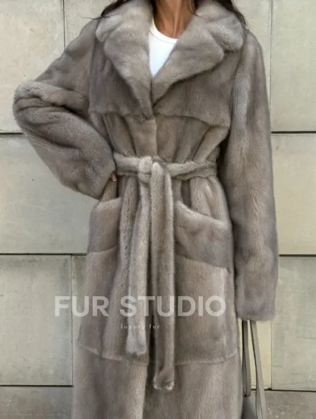 Норковая шуба цельный мех с поясом Luxury Line - цвет silver - фото 5