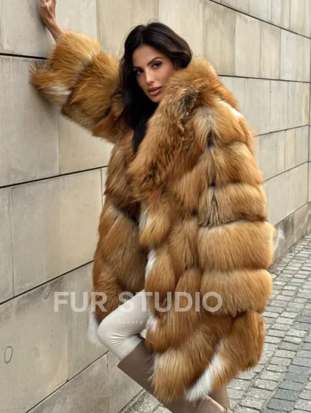 Vintage шуба диагональ из меха лисы Gold Fox, английский воротник - фото 11