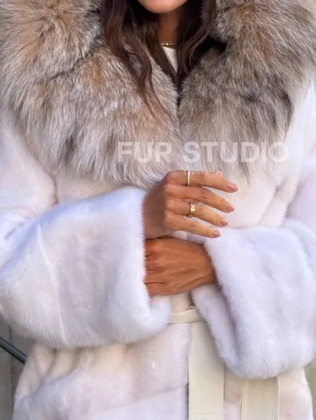 Норковая шуба с мехом рыси - белая - фото 1