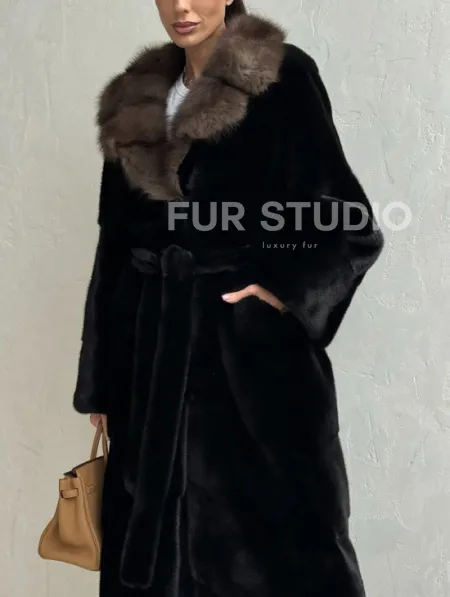 Черная норковая шуба - воротник куница - фото 1