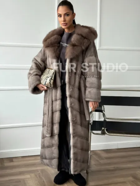 Шуба-кимоно норка в пол с капюшоном куница - фото 0