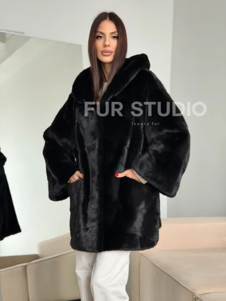 Норка шуба BLACKGLAMA паркет кимоно с капюшоном - фото 9