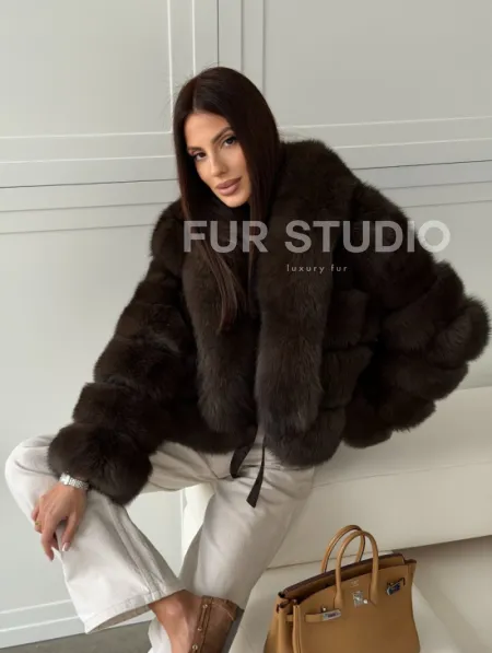 Полушубок-кроп из песца с шалевым воротником - фото 13