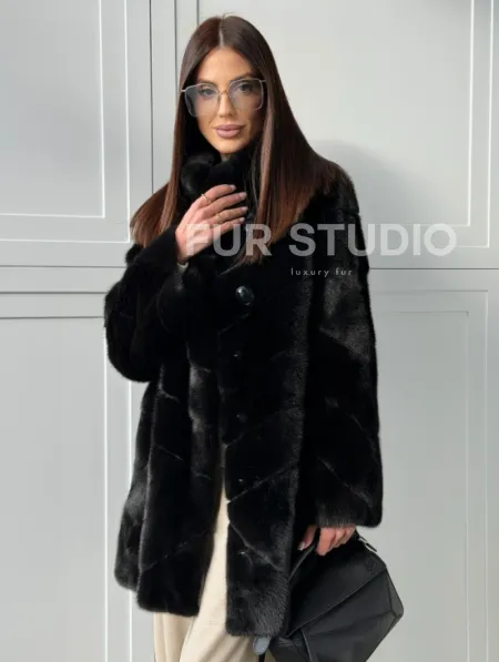 Черная норковая шуба - стойка воротник - фото 7