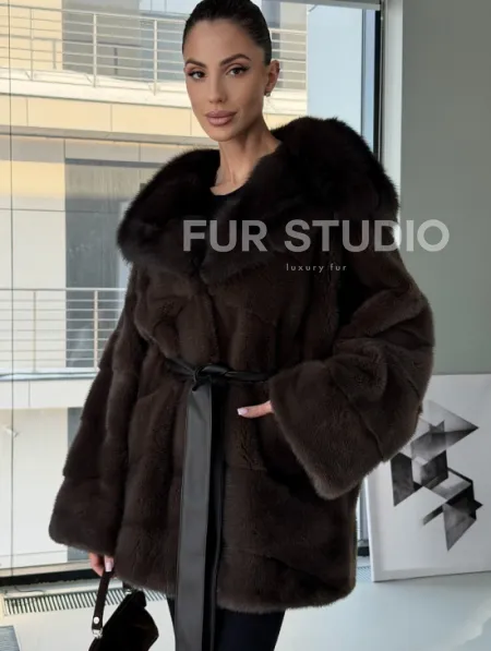 Норковая шуба кимоно с капюшоном куница - фото 6