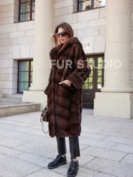 Шуба норковая с капюшоном - цвет соболь - фото 2
