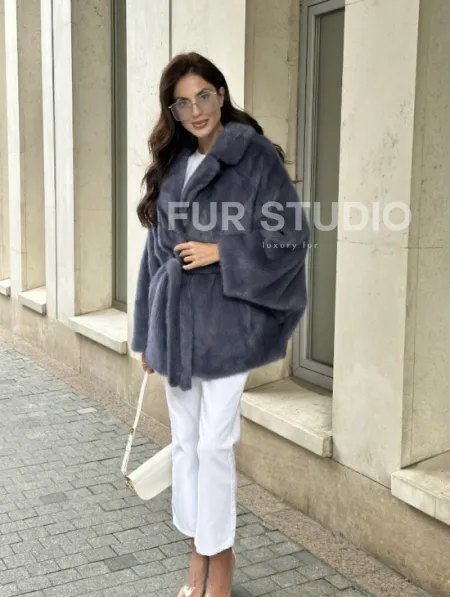 Шуба норковая летучая мышь - цвет джинс - фото 9