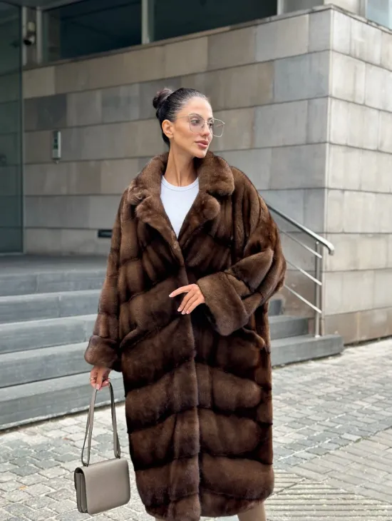 Шуба из меха норки английский воротник - цвет соболь - фото 4