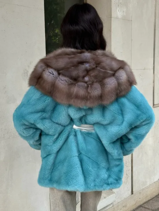 Шуба Autolady из норки с капюшоном из меха куницы - цвет тиффани - фото 7