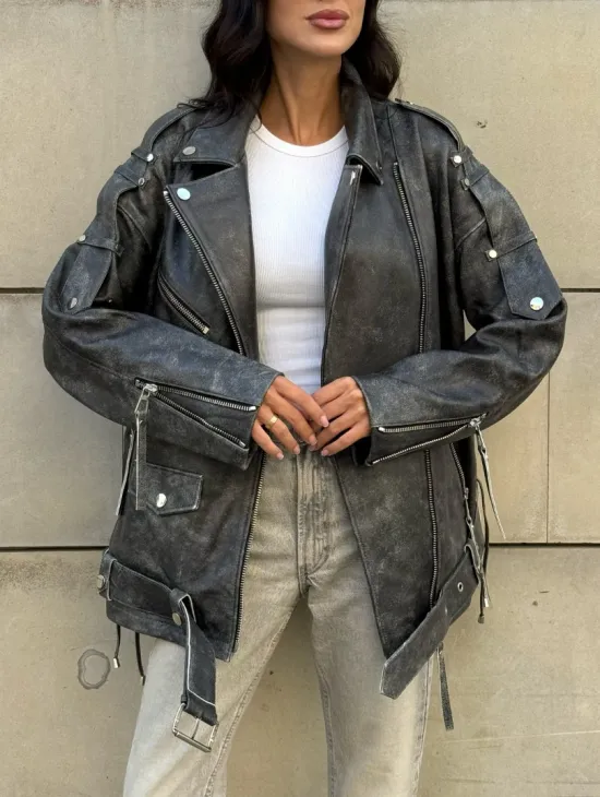 Куртка-косуха винтажная из натуральной кожи со шнуровкой - фото 7