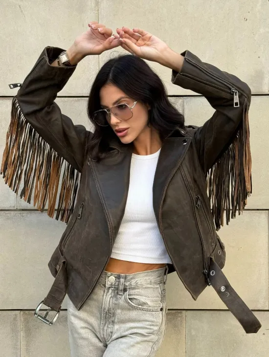 Куртка из натуральной кожи с бахромой «Vintage» - коричневая - фото 14