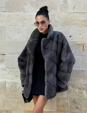 Короткая норковая шуба с английским воротником - цвет графит - фото 0