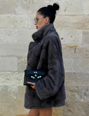 Короткая норковая шуба с английским воротником - цвет графит - фото 9