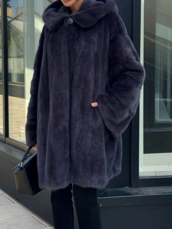 Норковая шуба с капюшоном,  роспуск - темный графит - фото 1
