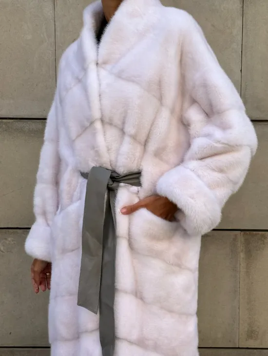 Норковая шуба с поясом, стойка воротник - цвет колотый лед - фото 1