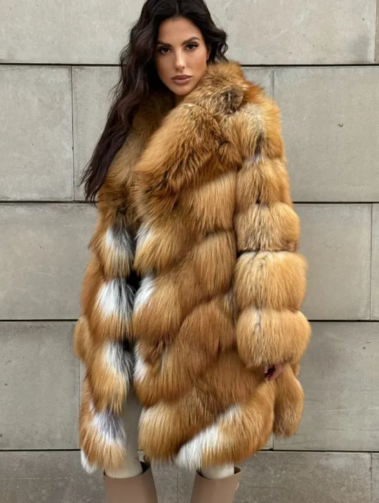 Vintage шуба диагональ из меха лисы Gold Fox, английский воротник - фото 7