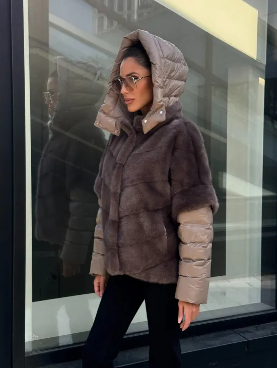 Норковый жилет/пуховик 2в1 - цвет капучино - фото 2