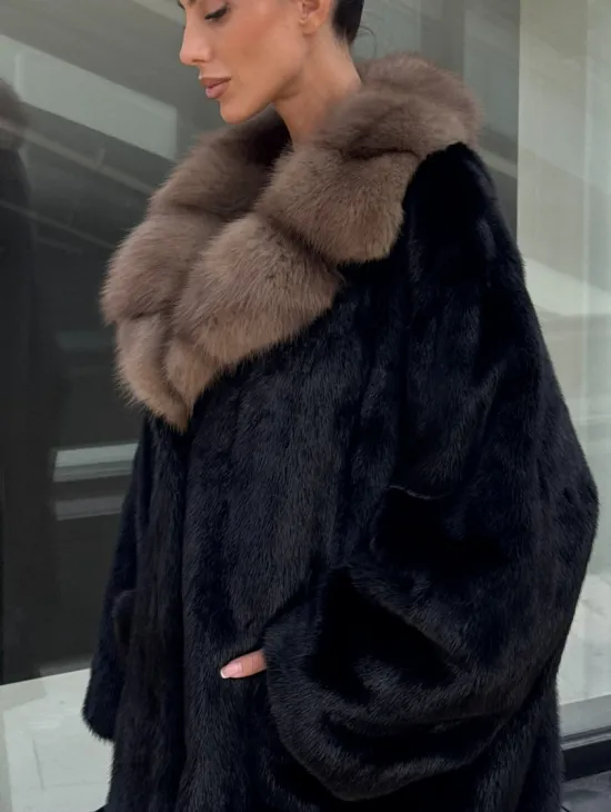 Женское меховое полупальто из норки- воротник куница - фото 2