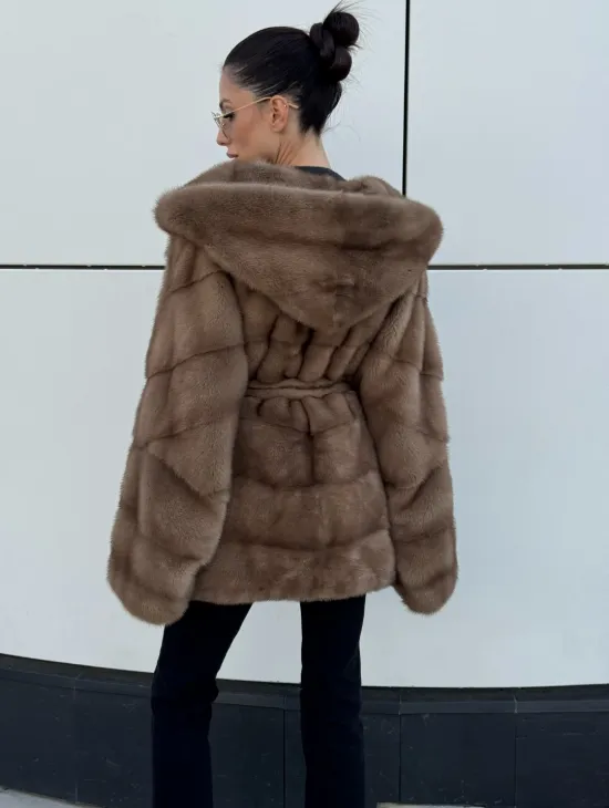 Норковая шуба автоледи с капюшоном кобра, цвет Тортор - фото 7