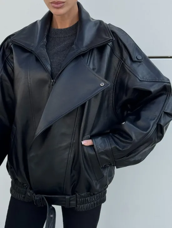 Женская кожаная куртка с двойным воротником, пышными рукавами реглан - фото 3