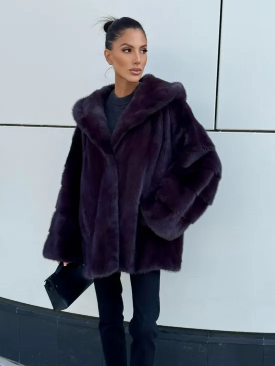 Норковый полушубок автоледи с капюшоном - цвет инжир - фото 0