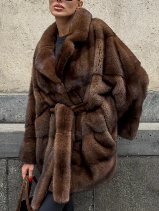 Полушубок из меха норки Brown Velvet, английский воротник фасон - летучая мышь - фото 2