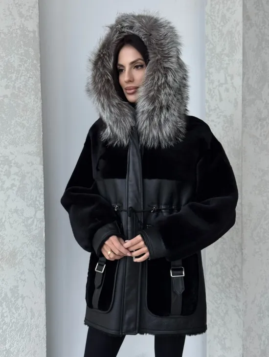 Дубленка женская из овчины на кулиске, капюшон - отделка из чернобурки - фото 4