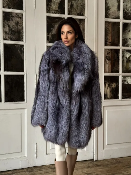 Натуральная шуба из меха чернобурки, воротник шаль - фото 7