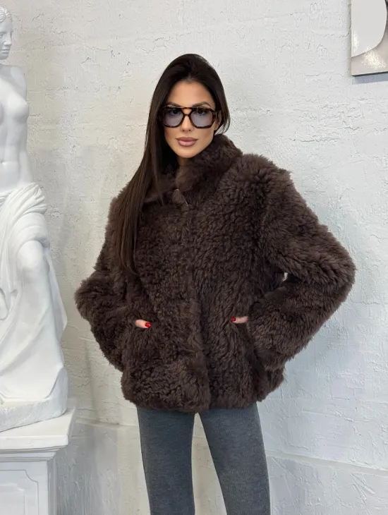 Полушубок - куртка женская из натуральной овчины с воротником апаш - фото 6