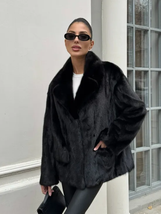 Черная норковая шуба - жакет с английским воротником - фото 9