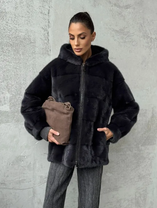 Норковый полушубок - куртка из меха норки с капюшоном графит - фото 5