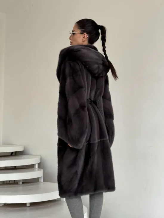 Зимняя норковая шуба с капюшоном - цвет графит - фото 9