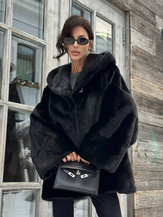 Черная зимняя шуба из меха норки Nafa mink с капюшоном - автоледи - фото 0