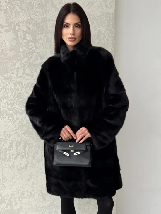 Норковая шуба в черном цвете воротник стойка - фото 3