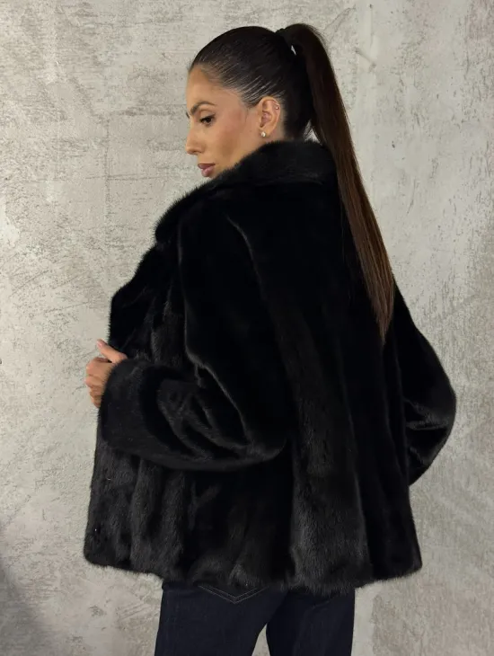 Черный норковый кроп - жакет с английским воротником - фото 4