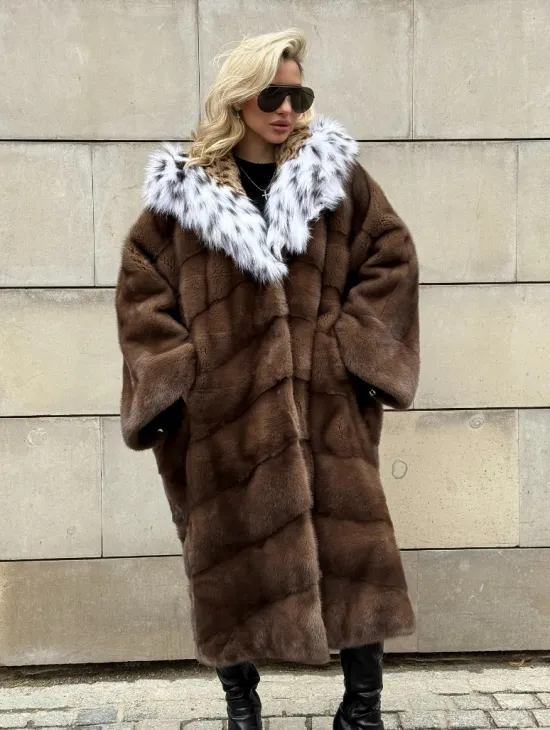 Норковая шуба с капюшоном из лисы под рысь - стиль 