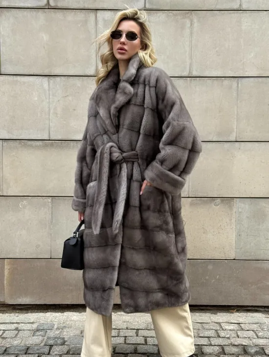 Шуба - кимоно под пояс из меха аукционной норки с английским воротником - фото 3