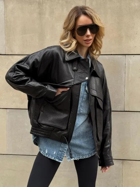 Трендовая куртка - бомбер oversize из натуральной кожи Joomba - фото 5