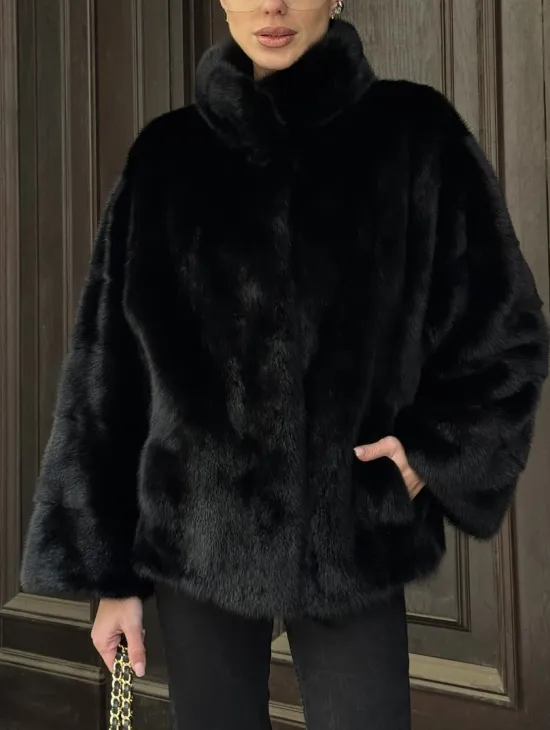 Норковый полушубок черного цвет стойка воротник - фото 2