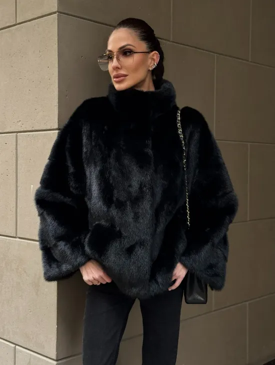 Норковый полушубок черного цвет стойка воротник - фото 6