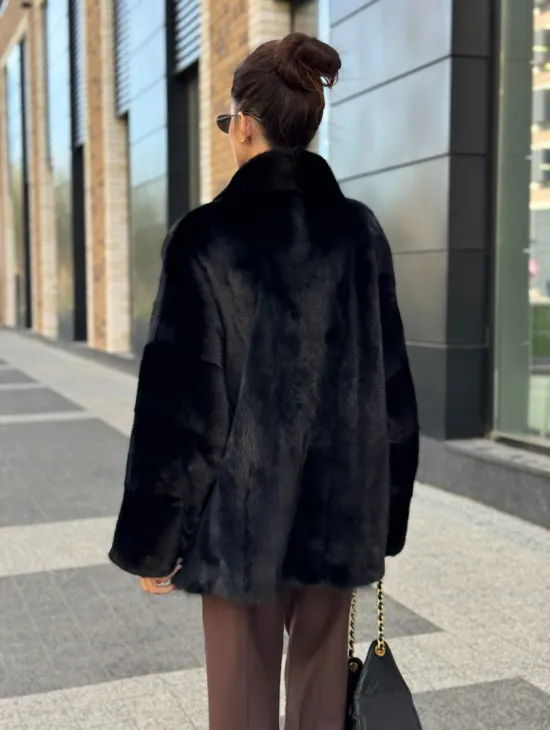 Элегантная черная шубка из меха норки - стойка воротник - фото 5
