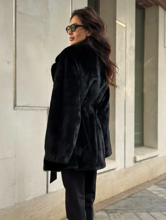 Полушубок из норки с английским воротником - черный - фото 4