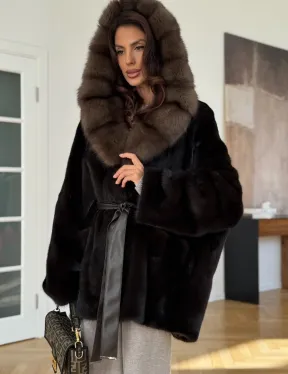 Коричневая норковая шуба с накладными карманами - фото 2