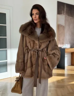 Шуба норковая бежевая с капюшоном - фото 6