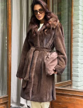 Норковая шуба с капюшоном - цвет орех - фото 2