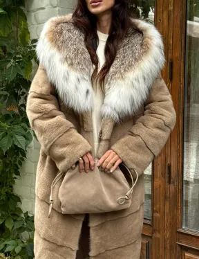 Бежевая норковая шуба с капюшоном рысь - фото 1