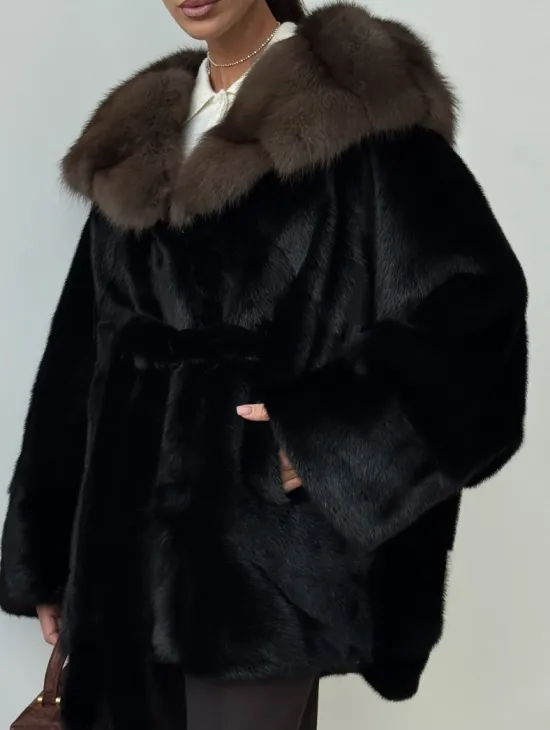 Норковый полушубок с капюшоном - летучая мышь - фото 3