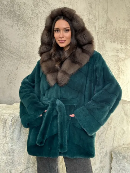 Шуба норка кимоно - капюшон куница - фото 6