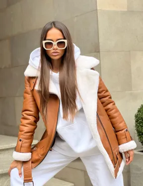 Женская дубленка авиатор в цвете виски - фото 0