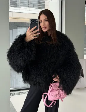 Полушубок черный из ламы - фото 16